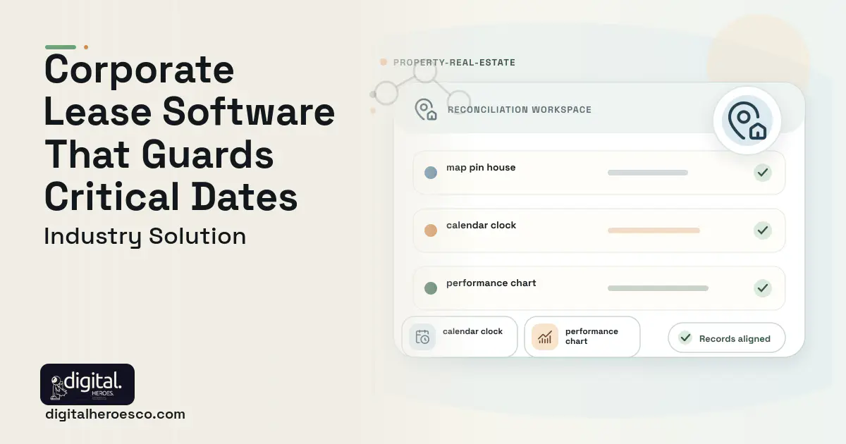 Corporate Real Estate Portfolio software visual showing map pin house, calendar clock, and performance chart.