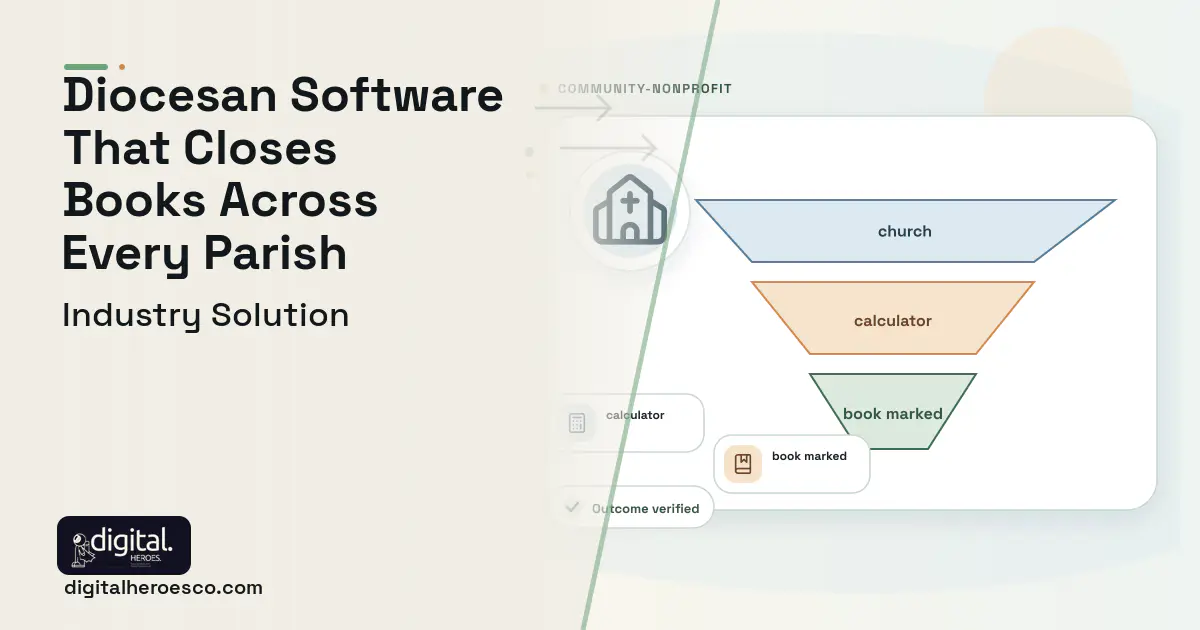 Diocese Parish Management software visual showing church, calculator, and book marked.