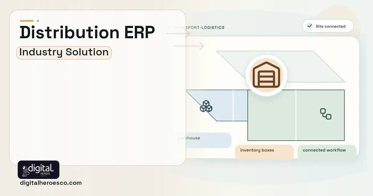 ERP for Distribution and Wholesale software visual showing warehouse, inventory boxes, and connected workflow.