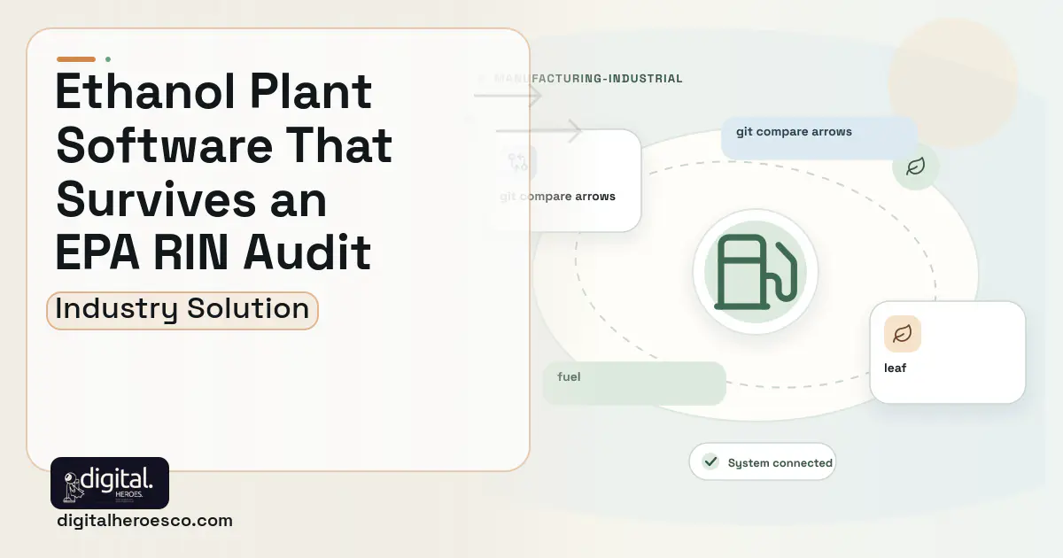 Ethanol Plant Management software visual showing fuel, git compare arrows, and leaf.