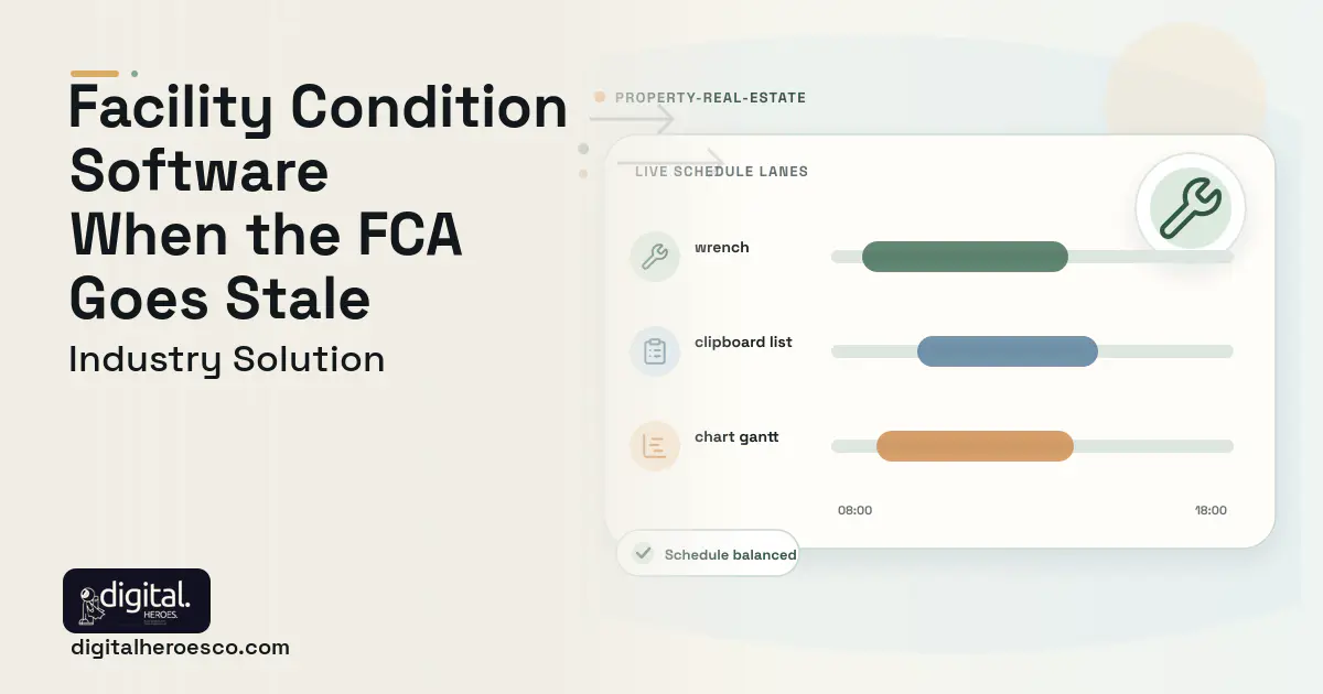 Facility Condition Assessment software visual showing wrench, clipboard list, and chart gantt.