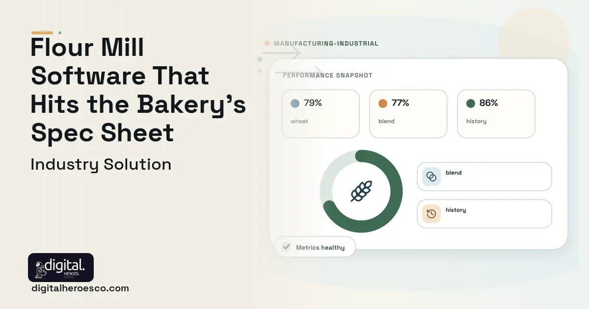 Flour Mill Management software visual showing wheat, blend, and history.