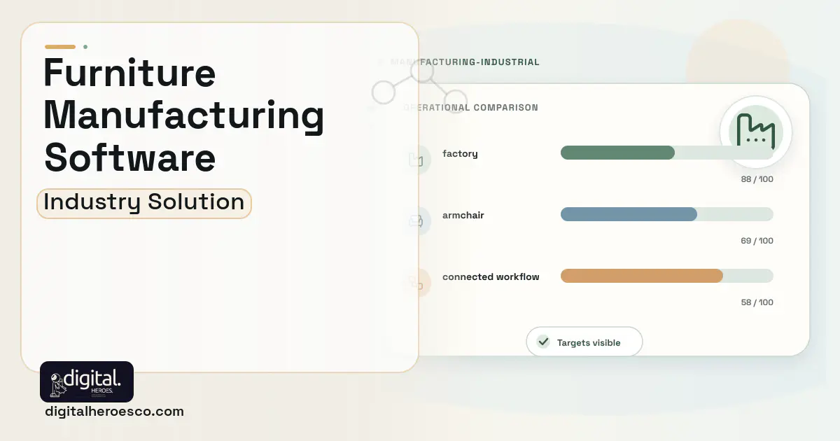 Furniture Manufacturing software visual showing factory, armchair, and connected workflow.