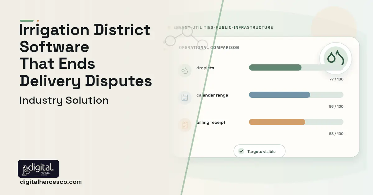 Irrigation District software visual showing droplets, calendar range, and billing receipt.