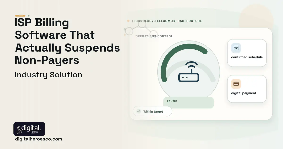 ISP Subscriber Management software visual showing router, confirmed schedule, and digital payment.
