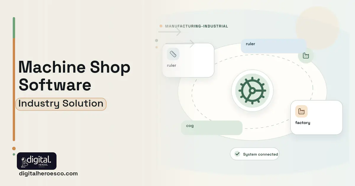 Machine Shop software visual showing cog, ruler, and factory.