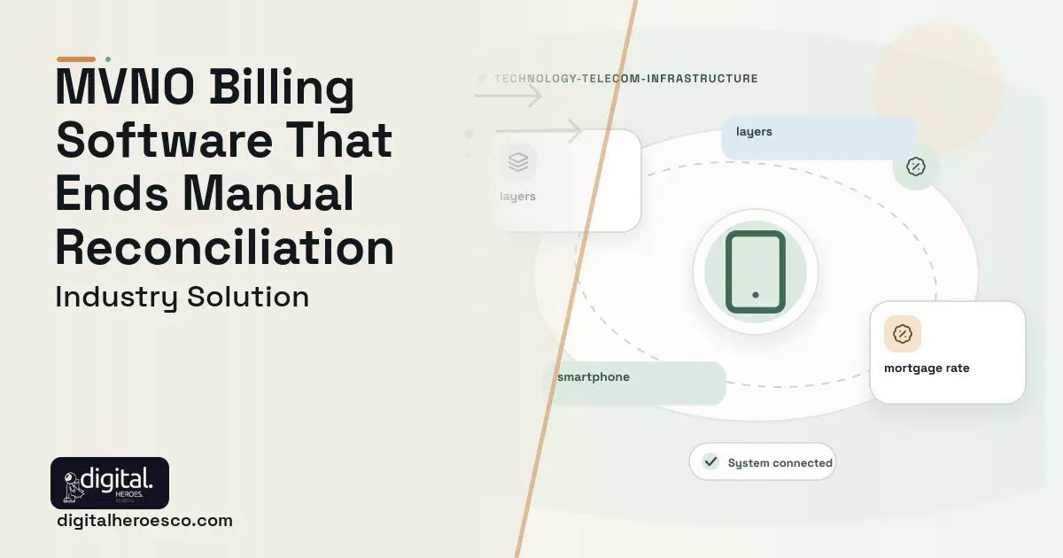 MVNO Operations Platform software visual showing smartphone, layers, and mortgage rate.