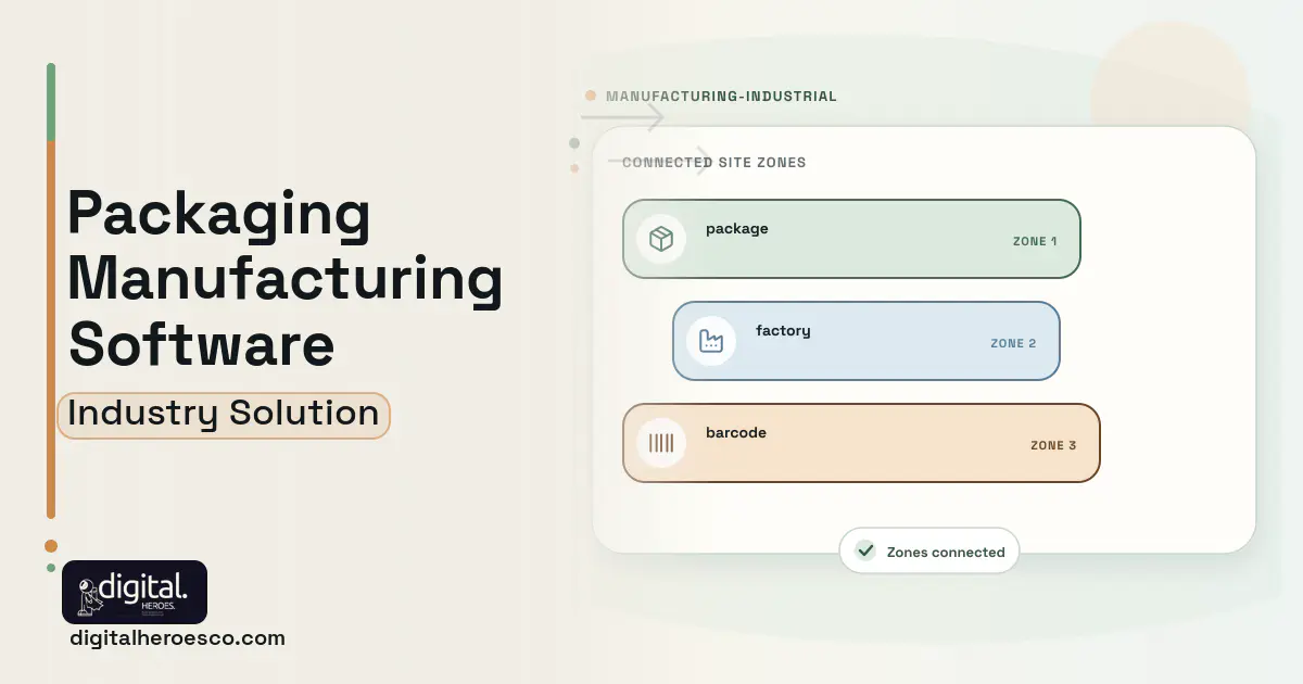 Packaging Manufacturing software visual showing package, factory, and barcode.