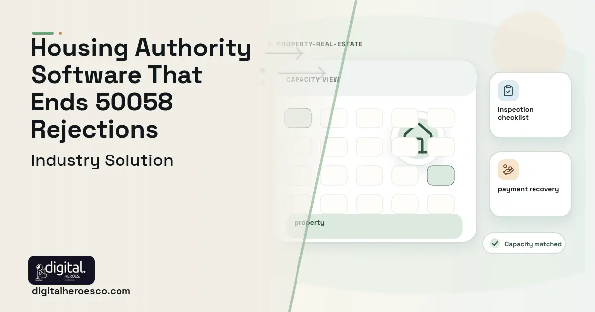 Public Housing Authority software visual showing property, inspection checklist, and payment recovery.