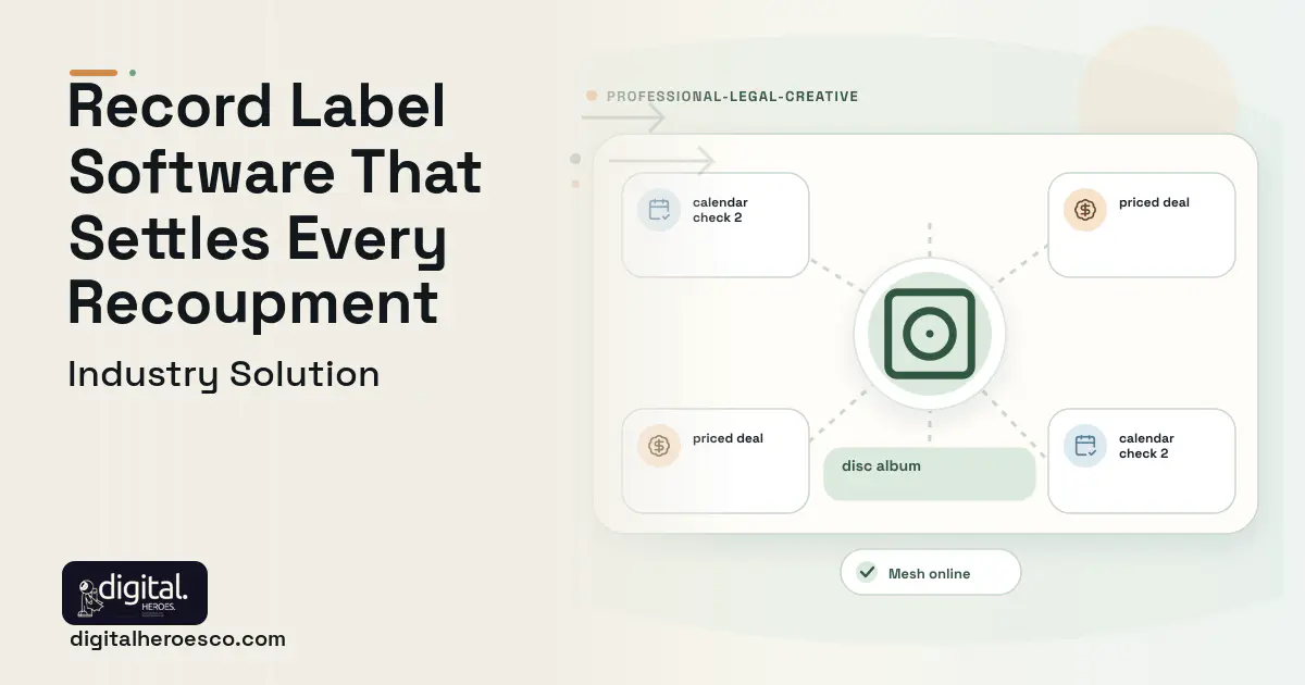 Record Label Management software visual showing disc album, calendar check 2, and priced deal.