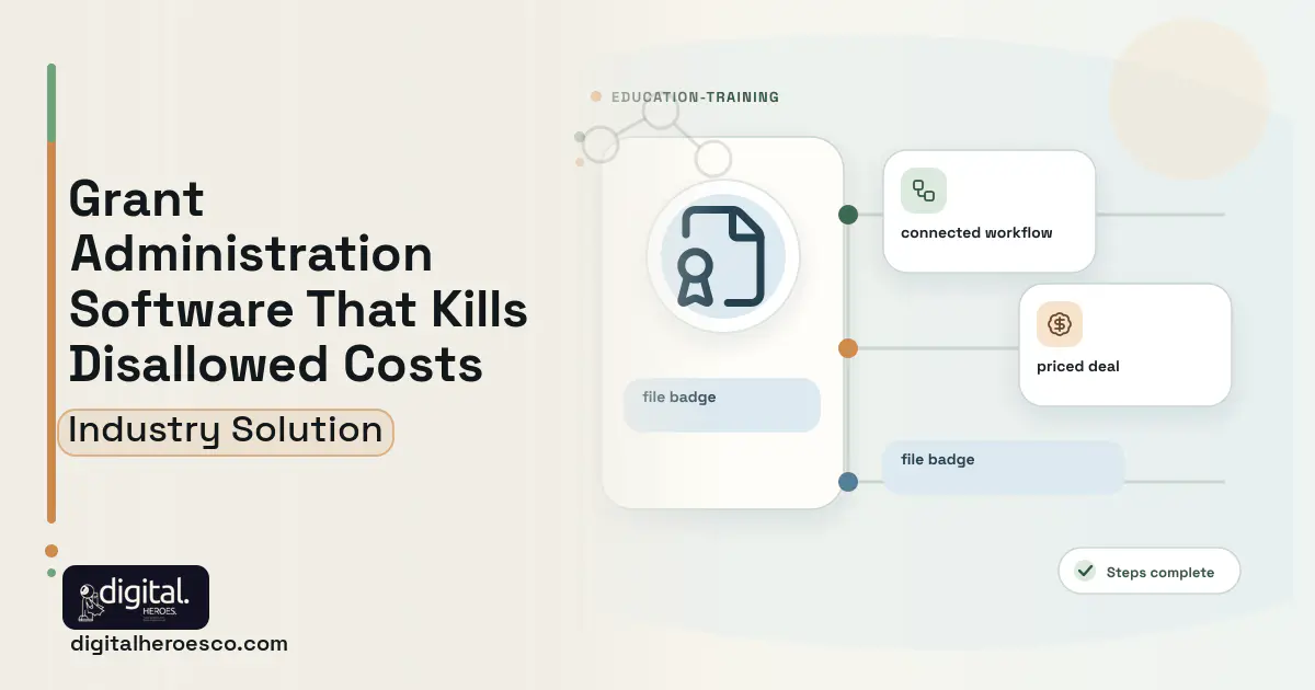 Research Grant Administration software visual showing file badge, connected workflow, and priced deal.