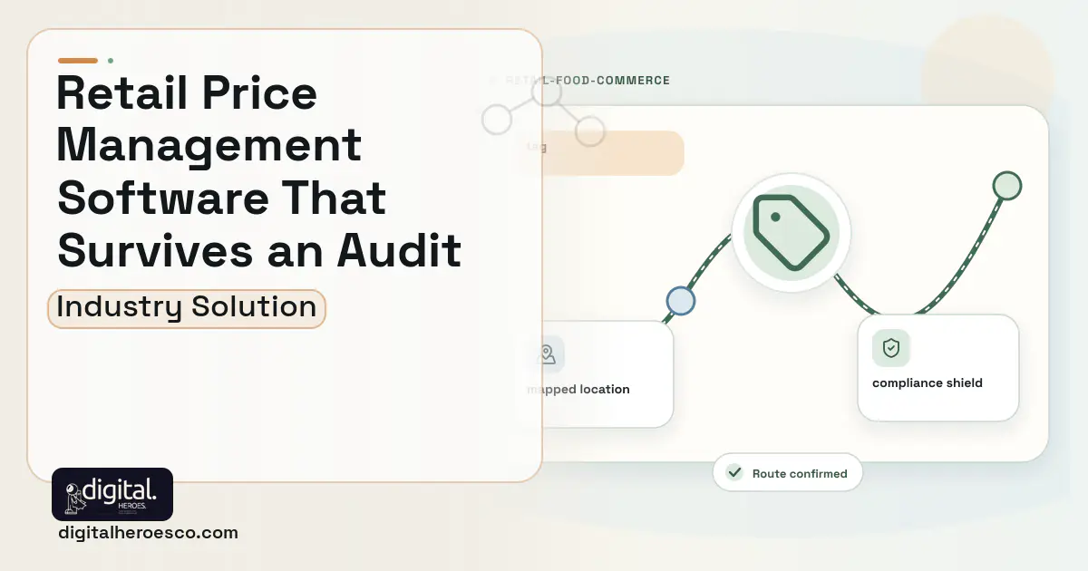 Retail Price Management software visual showing tag, mapped location, and compliance shield.
