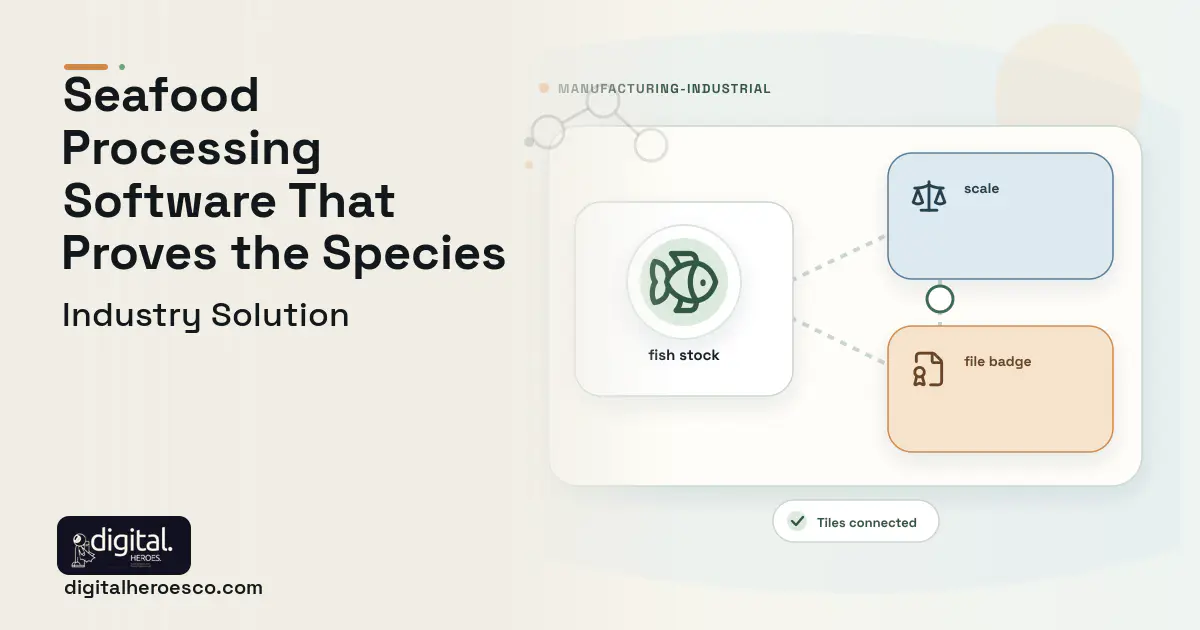 Seafood Processing software visual showing fish stock, scale, and file badge.