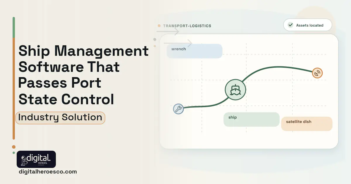 Ship Management software visual showing ship, wrench, and satellite dish.