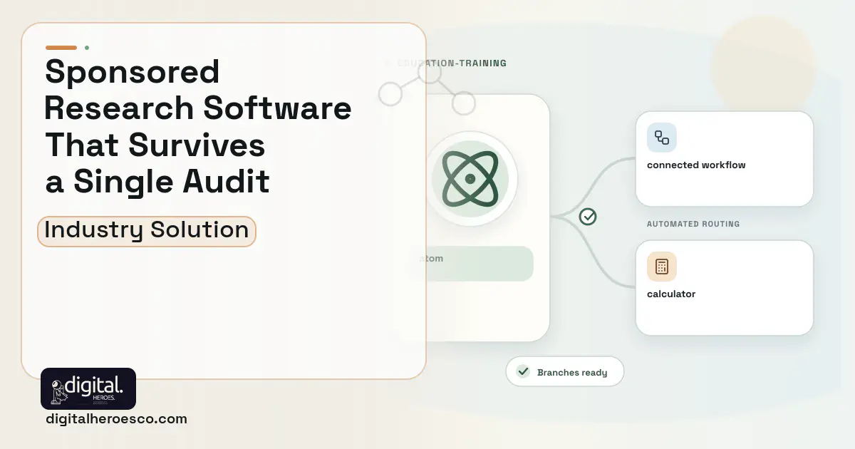 Sponsored Research Administration software visual showing atom, connected workflow, and calculator.