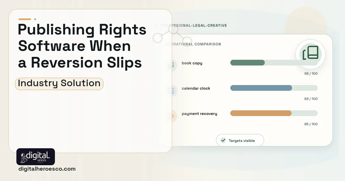 Subrights and Permissions Management software visual showing book copy, calendar clock, and payment recovery.