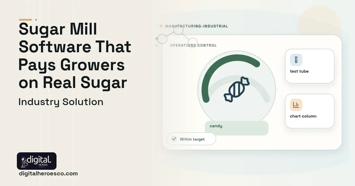 Sugar Mill Management software visual showing candy, test tube, and chart column.