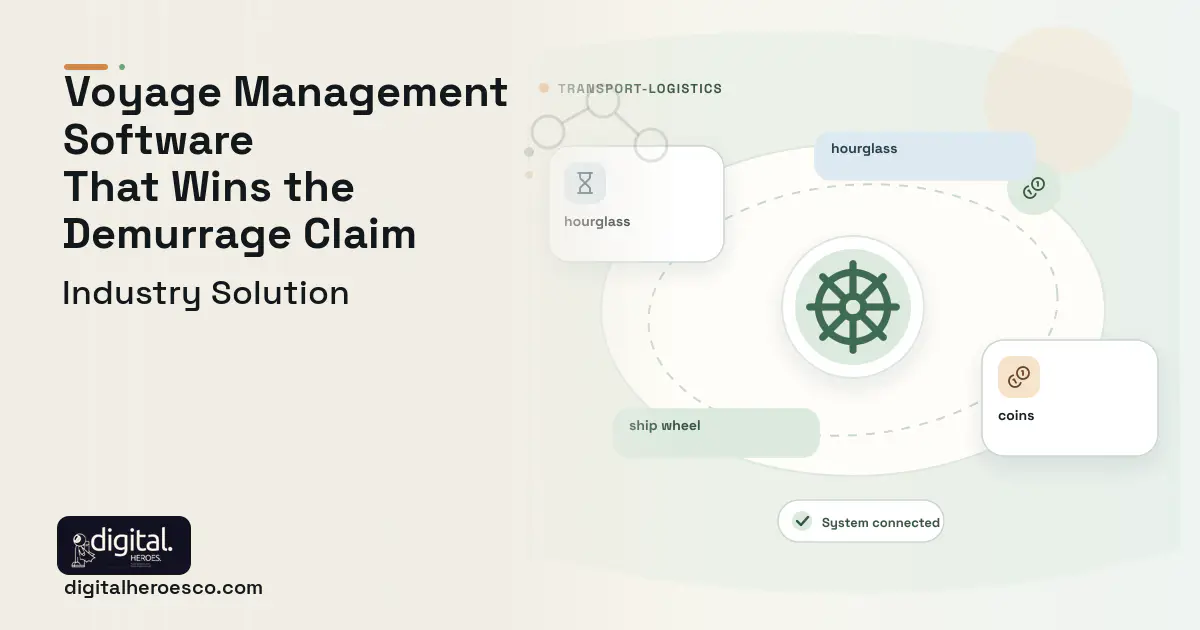 Voyage Chartering Management software visual showing ship wheel, hourglass, and coins.