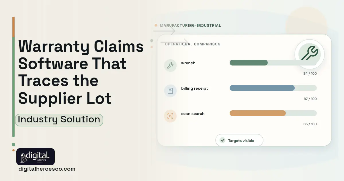 Warranty Claims and Recall Management software visual showing wrench, billing receipt, and scan search.