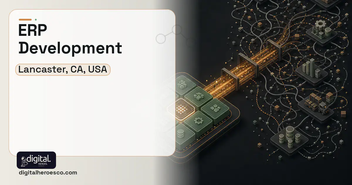 ERP Development workflow illustration for Lancaster, CA, USA.