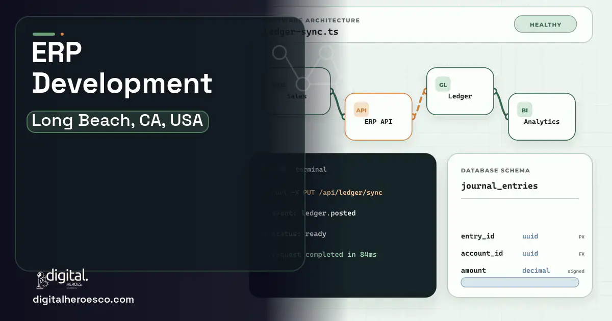 ERP Development architecture and database illustration for Long Beach, CA, USA.