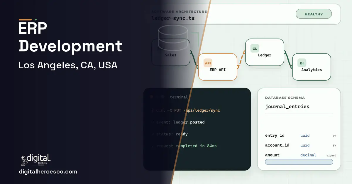 ERP Development architecture and database illustration for Los Angeles, CA, USA.