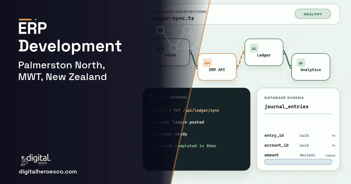 ERP Development architecture and database illustration for Palmerston North, MWT, New Zealand.