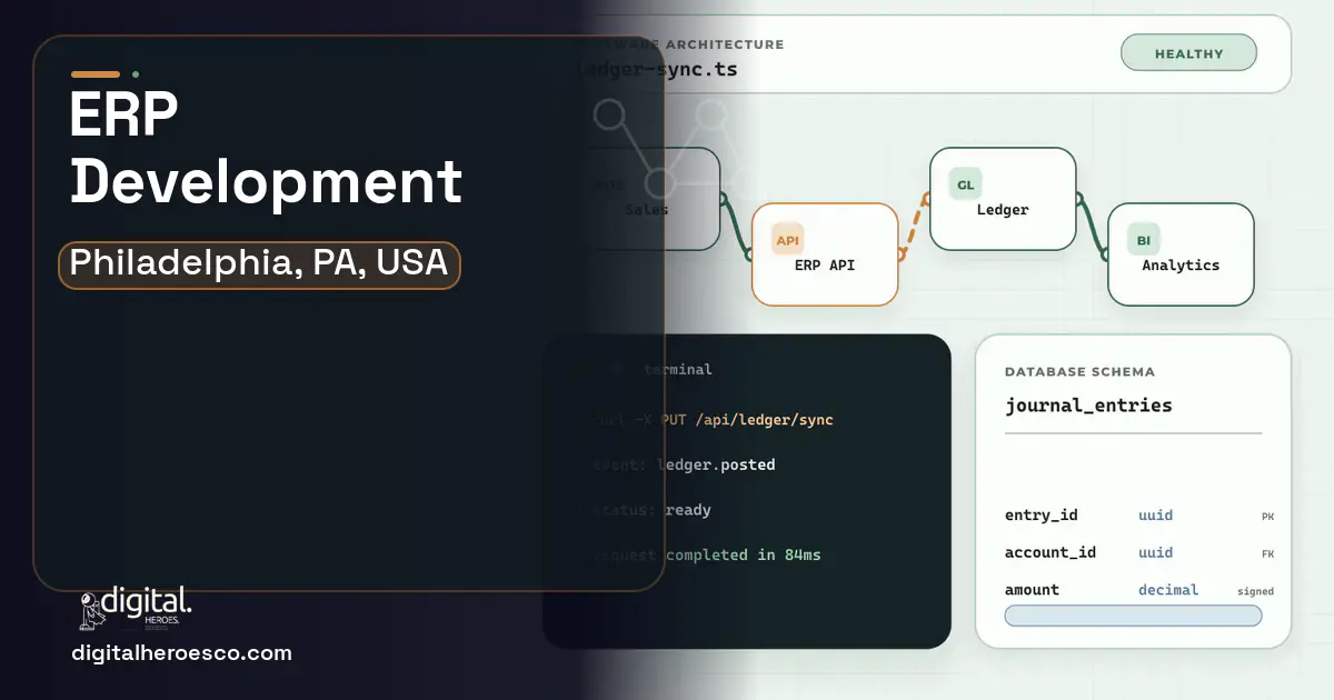 ERP Development architecture and database illustration for Philadelphia, PA, USA.
