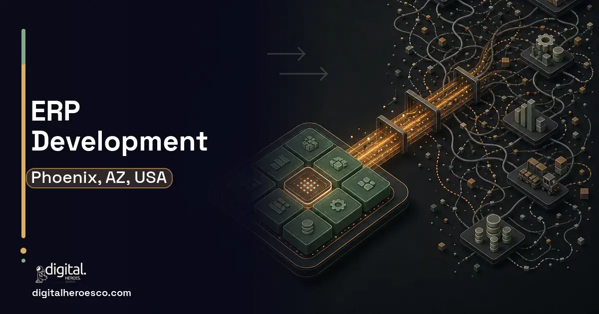 ERP Development workflow illustration for Phoenix, AZ, USA.