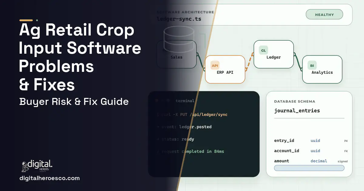 AG Retail Crop Input Software architecture and database illustration showing common problems and fixes.