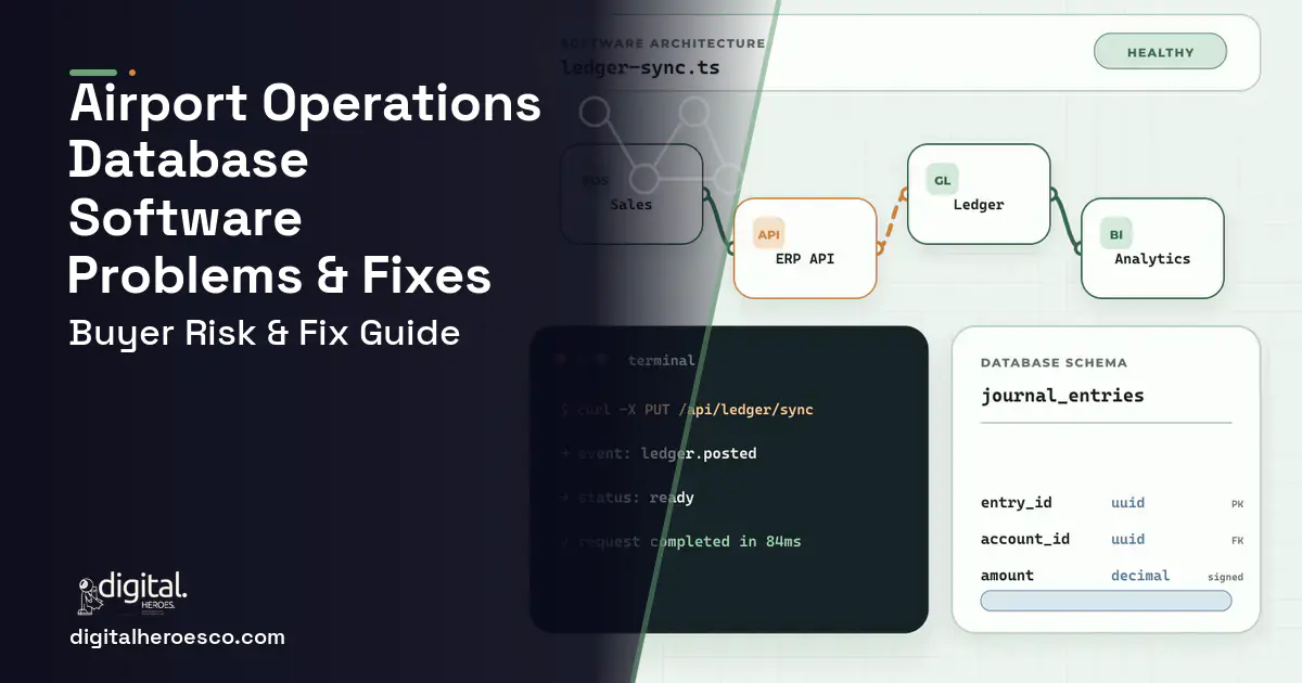 Airport Operations Database Software architecture and database illustration showing common problems and fixes.
