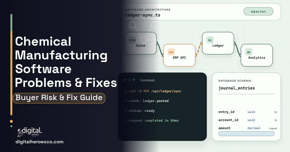 Chemical Manufacturing Software architecture and database illustration showing common problems and fixes.