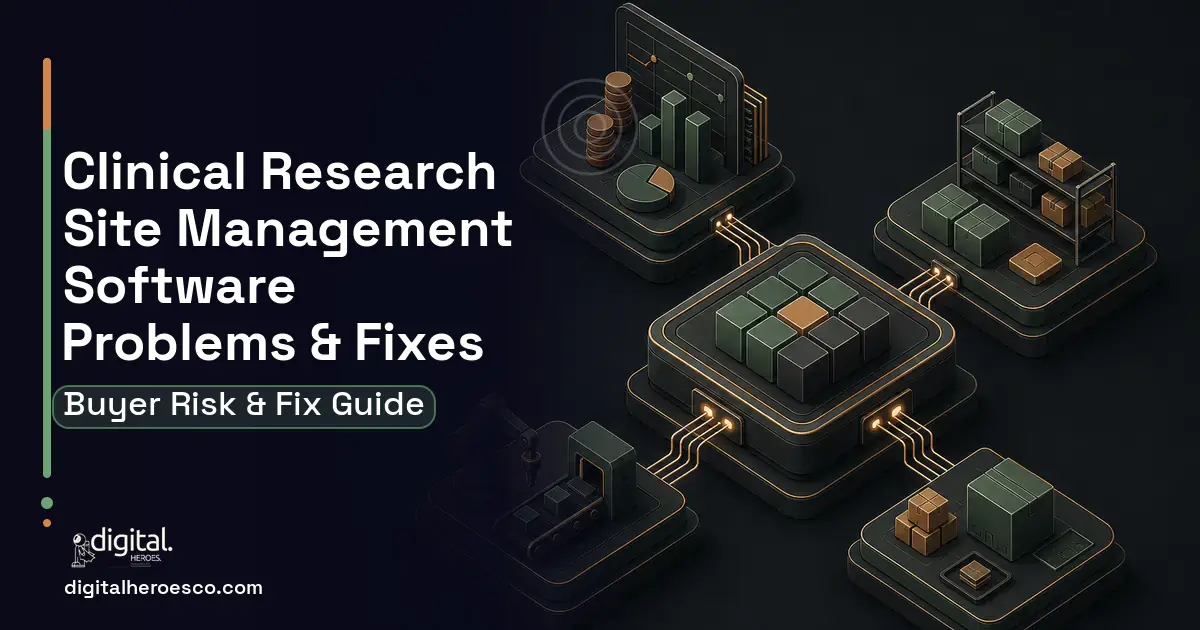Clinical Research Site Management Software software overview illustration showing common problems and fixes.