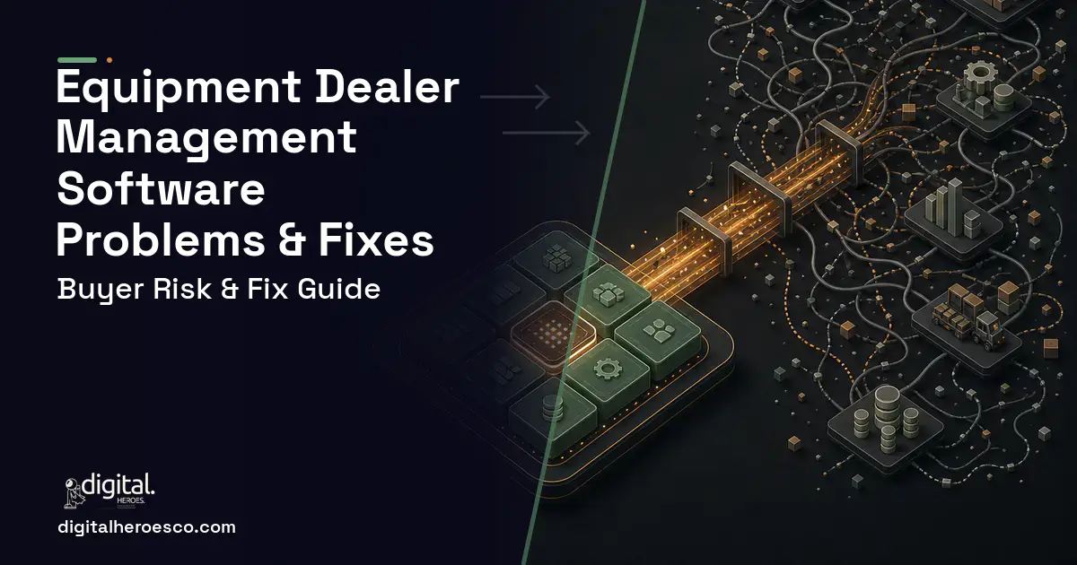 Equipment Dealer Management Software workflow illustration showing common problems and fixes.