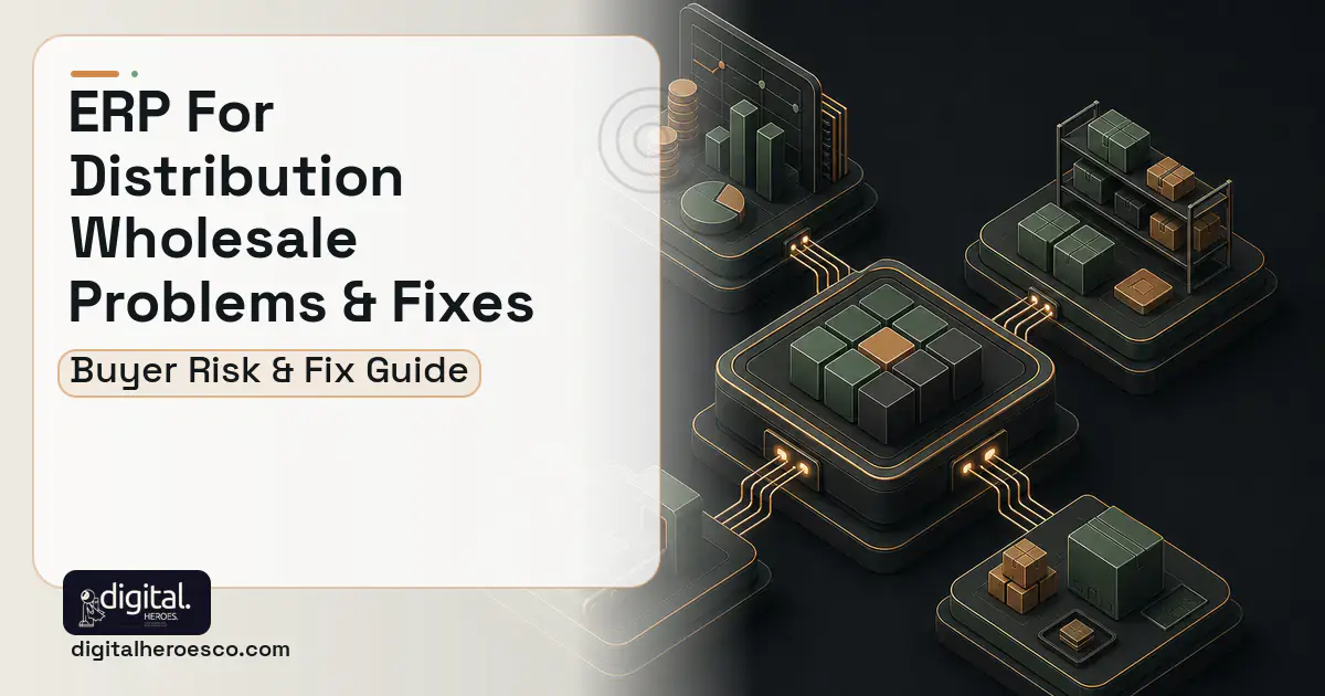 ERP FOR Distribution Wholesale software overview illustration showing common problems and fixes.
