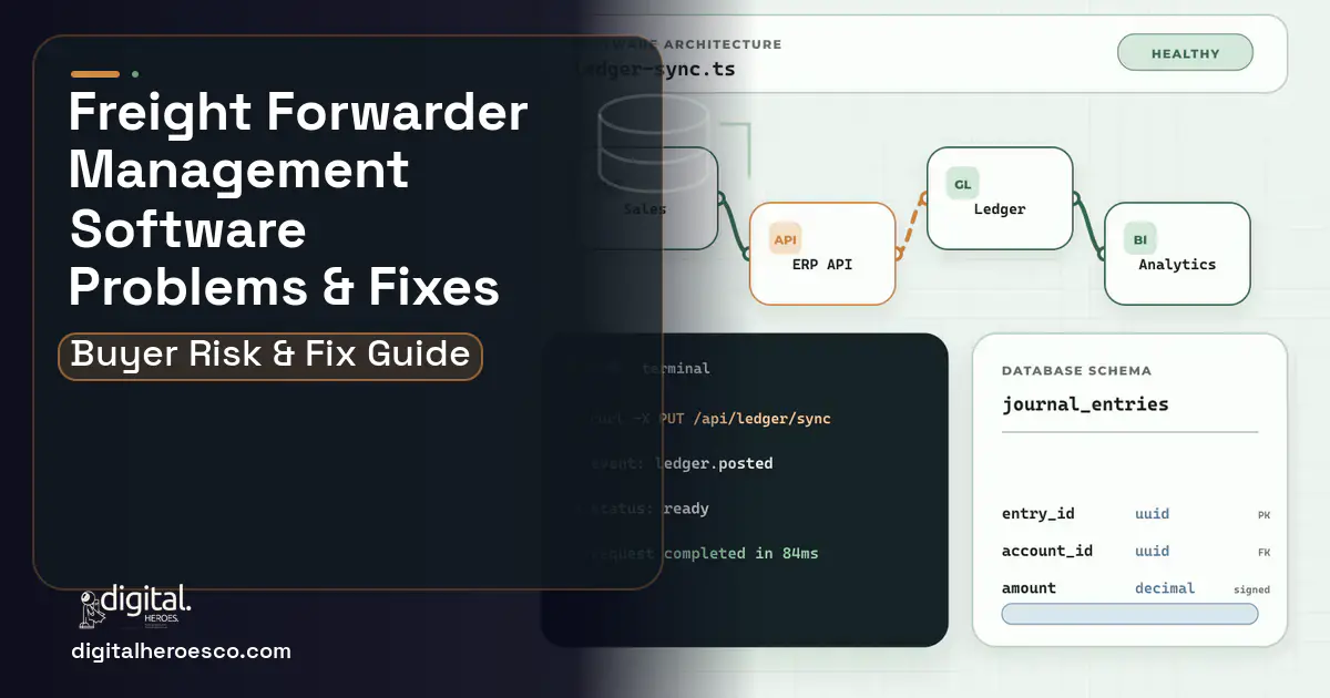 Freight Forwarder Management Software architecture and database illustration showing common problems and fixes.
