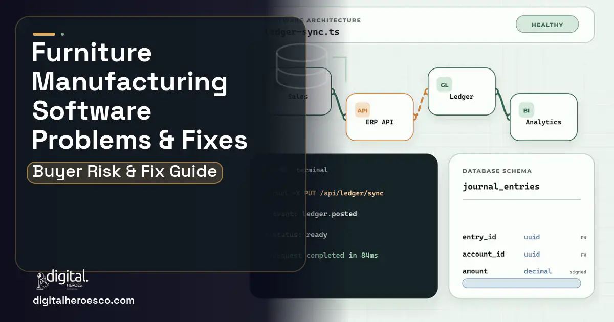 Furniture Manufacturing Software architecture and database illustration showing common problems and fixes.
