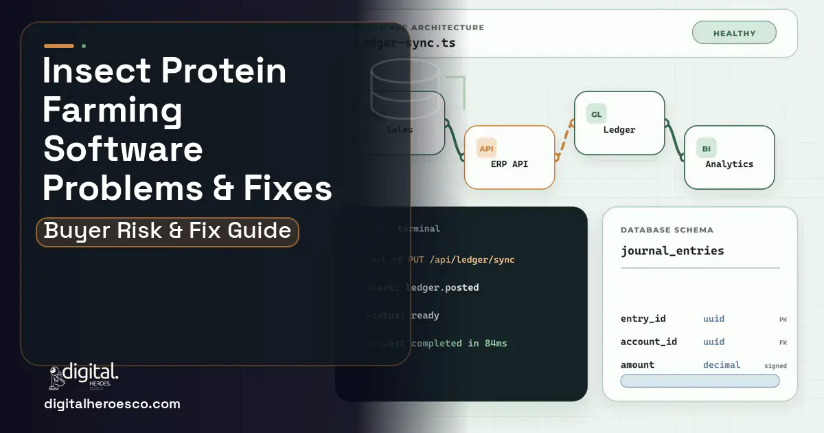Insect Protein Farming Software architecture and database illustration showing common problems and fixes.