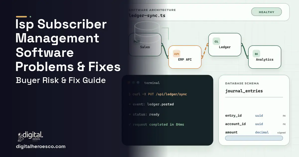 ISP Subscriber Management Software architecture and database illustration showing common problems and fixes.