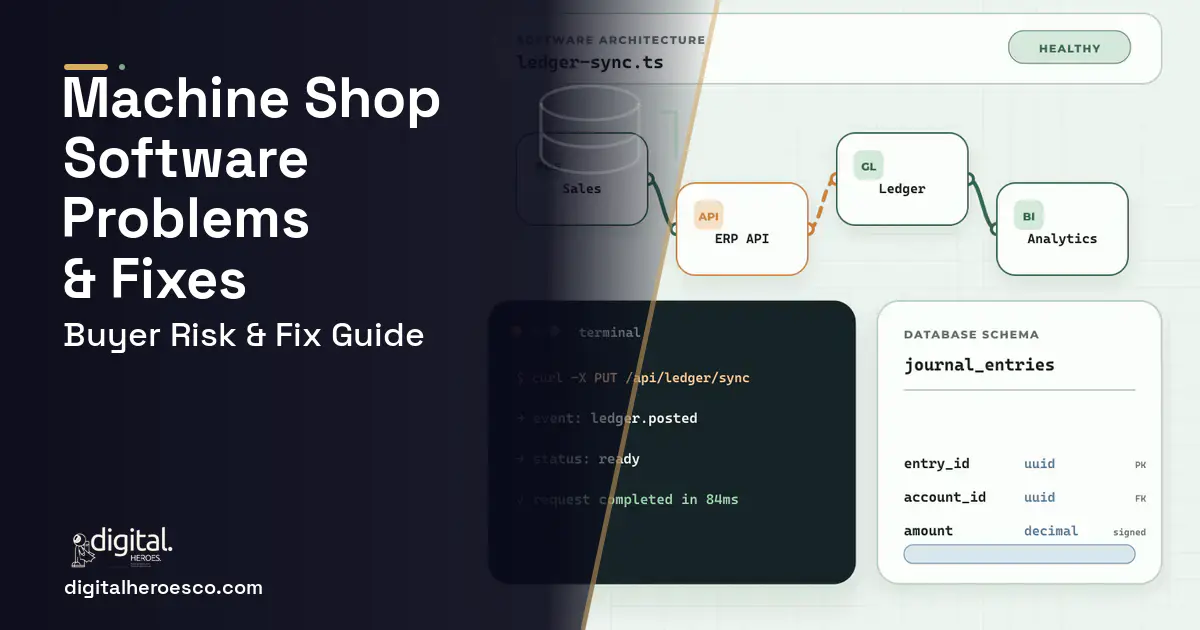 Machine Shop Software architecture and database illustration showing common problems and fixes.