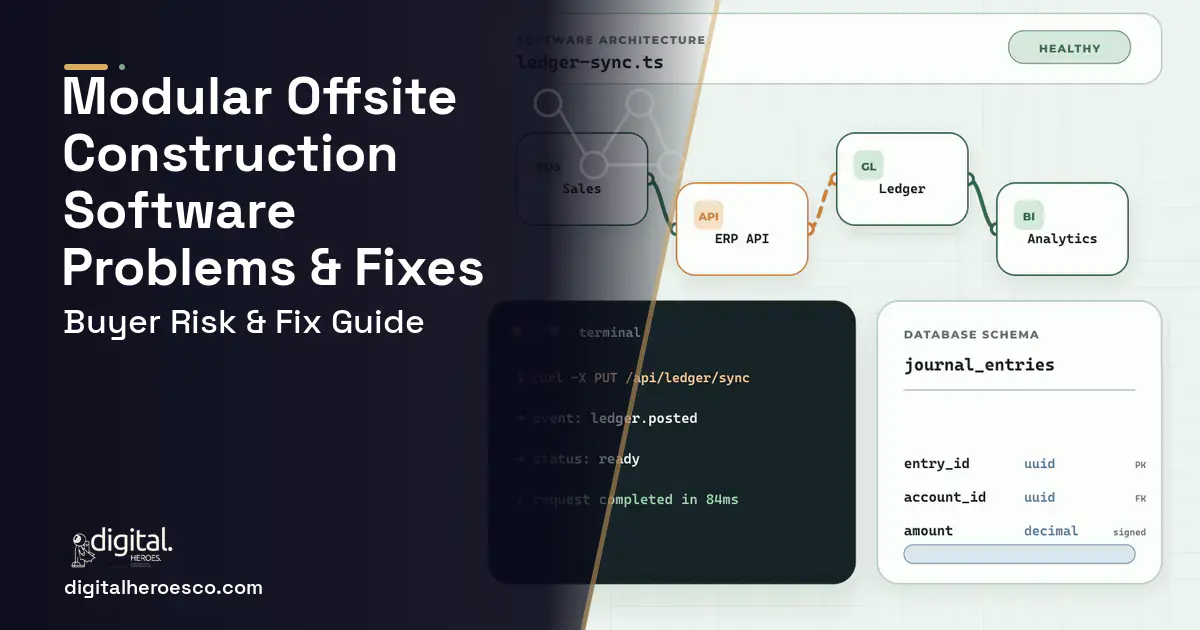 Modular Offsite Construction Software architecture and database illustration showing common problems and fixes.