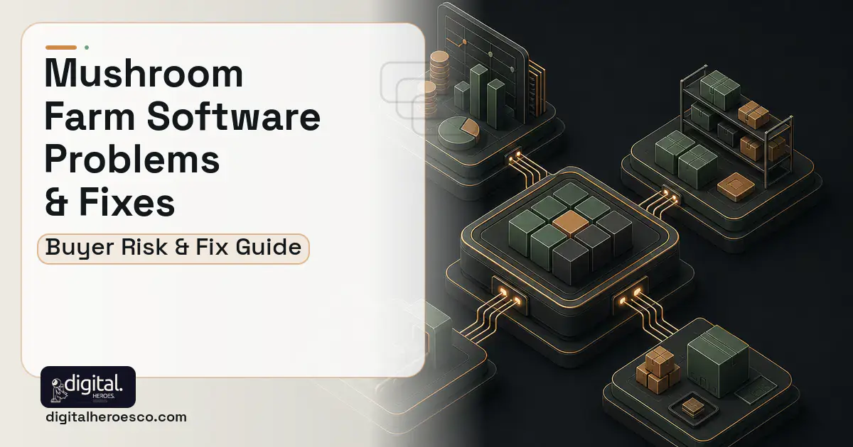 Mushroom Farm Software software overview illustration showing common problems and fixes.