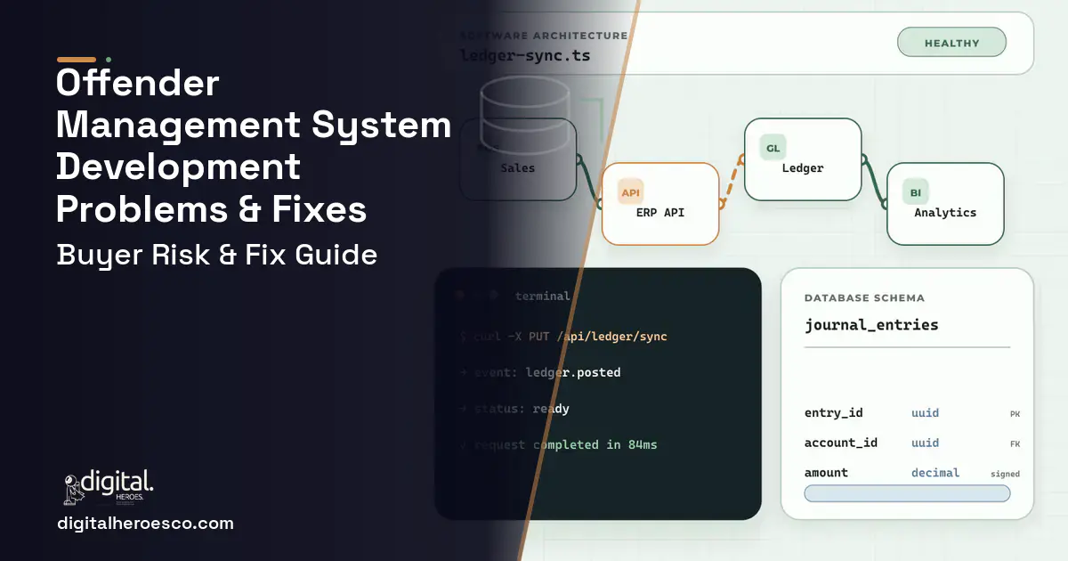 Offender Management System Development architecture and database illustration showing common problems and fixes.