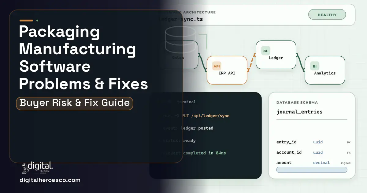 Packaging Manufacturing Software architecture and database illustration showing common problems and fixes.
