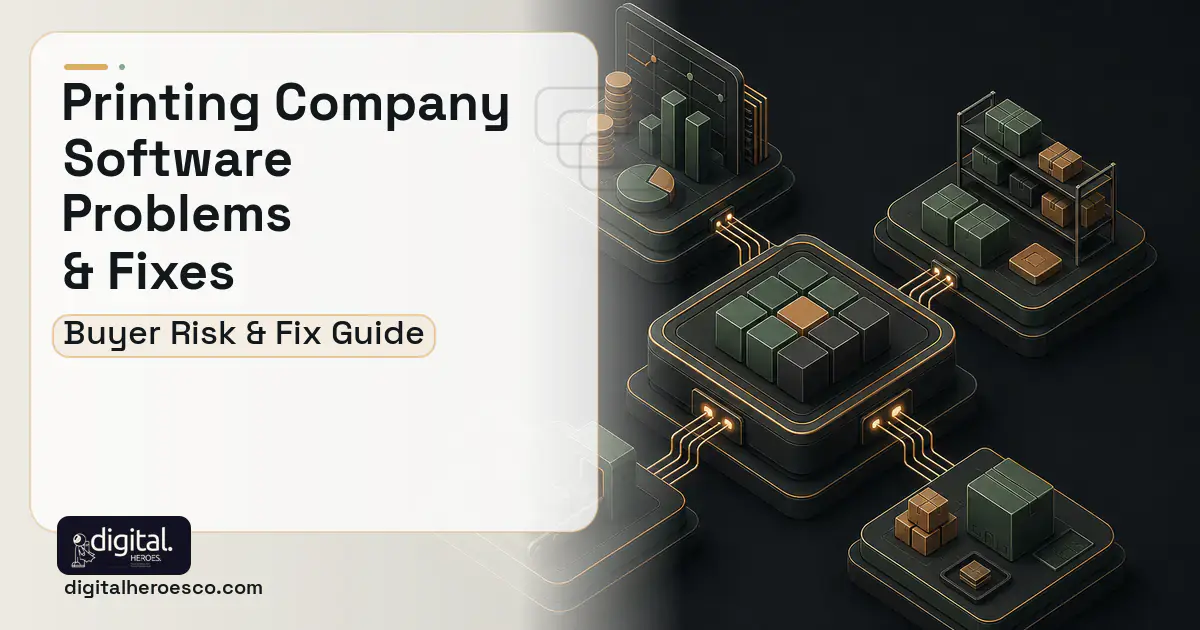 Printing Company Software software overview illustration showing common problems and fixes.