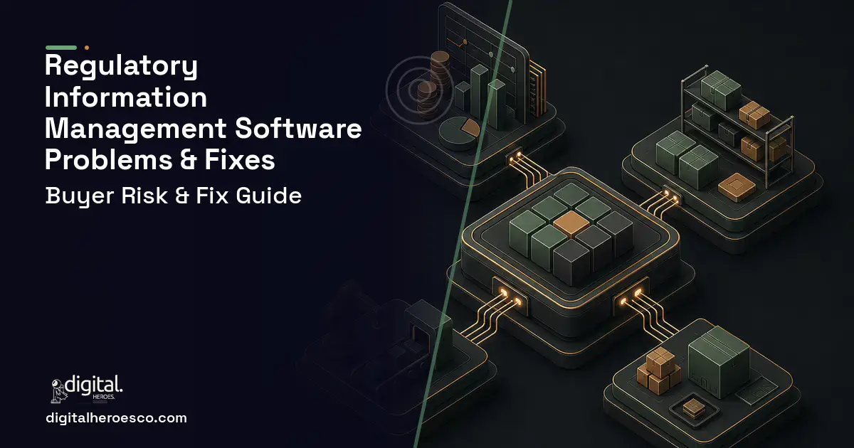 Regulatory Information Management Software software overview illustration showing common problems and fixes.