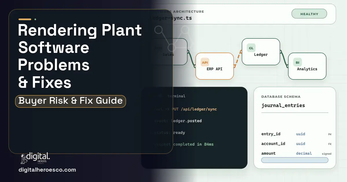 Rendering Plant Software architecture and database illustration showing common problems and fixes.