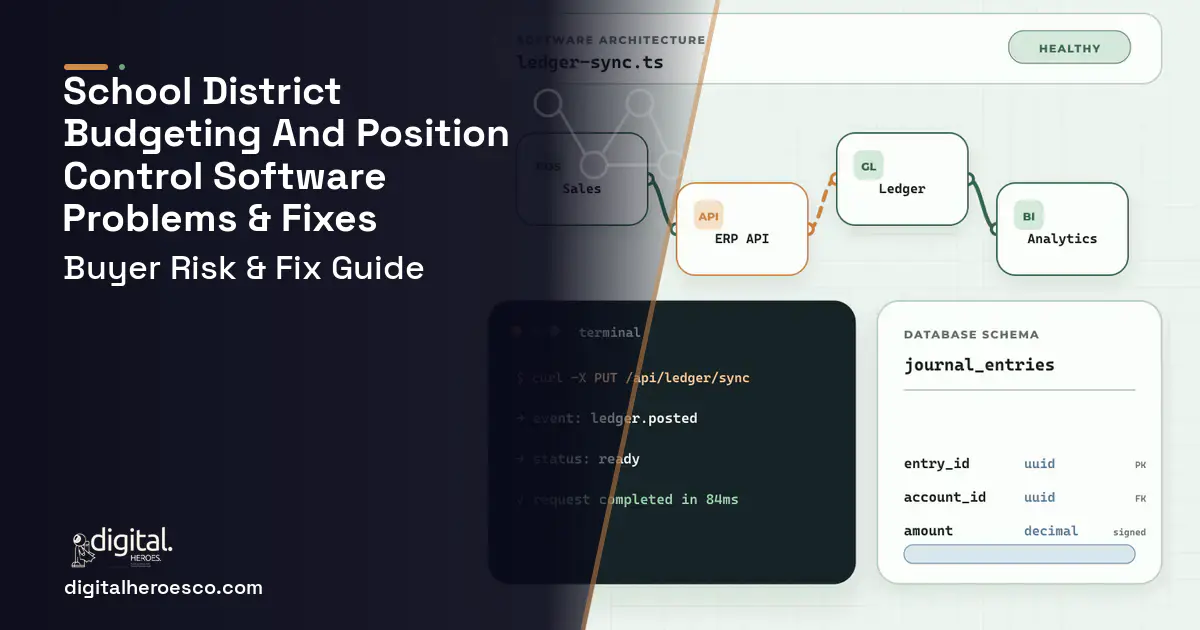 School District Budgeting AND Position Control architecture and database illustration showing common problems and fixes.