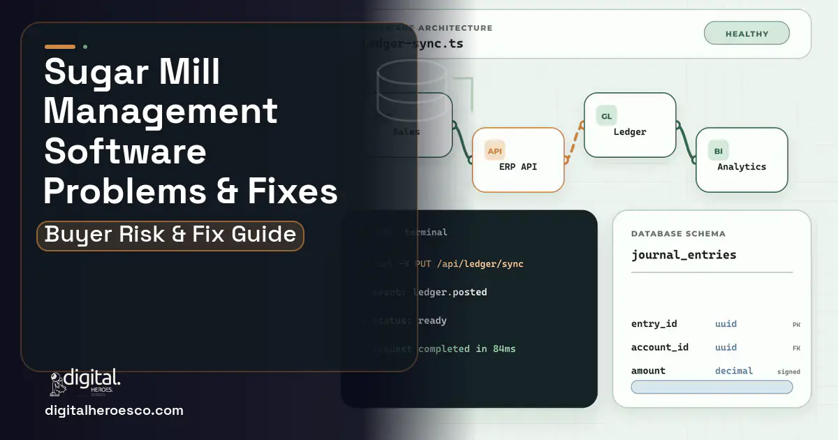 Sugar Mill Management Software architecture and database illustration showing common problems and fixes.