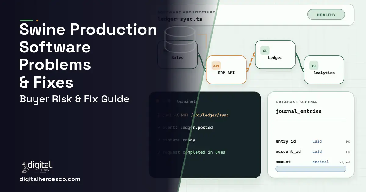 Swine Production Software architecture and database illustration showing common problems and fixes.